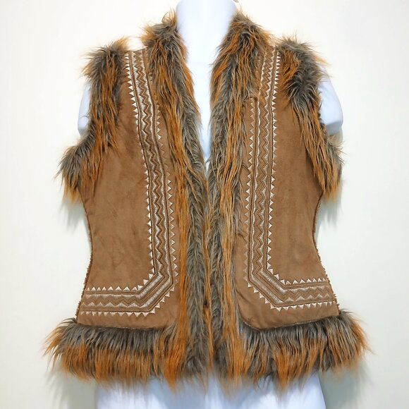 Vintage Alibi Embroidered Suede & Fur Aztec Print Waistcoat Vest Jacket Size 13 - Picture 1 of 10